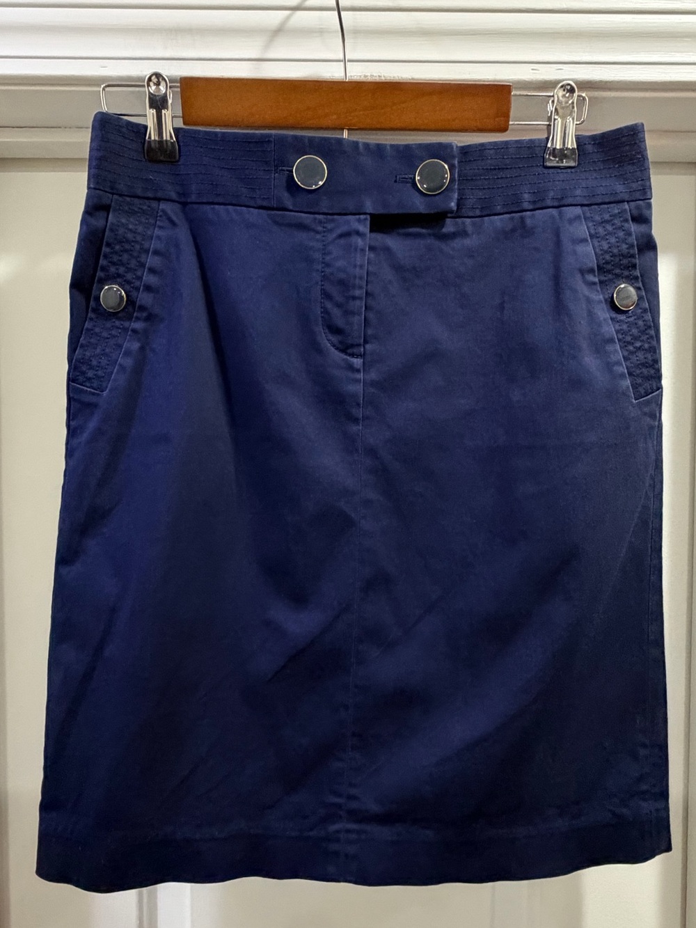 J. Crew Stretch Navy Pencil Skirt with Button Accents Size 6